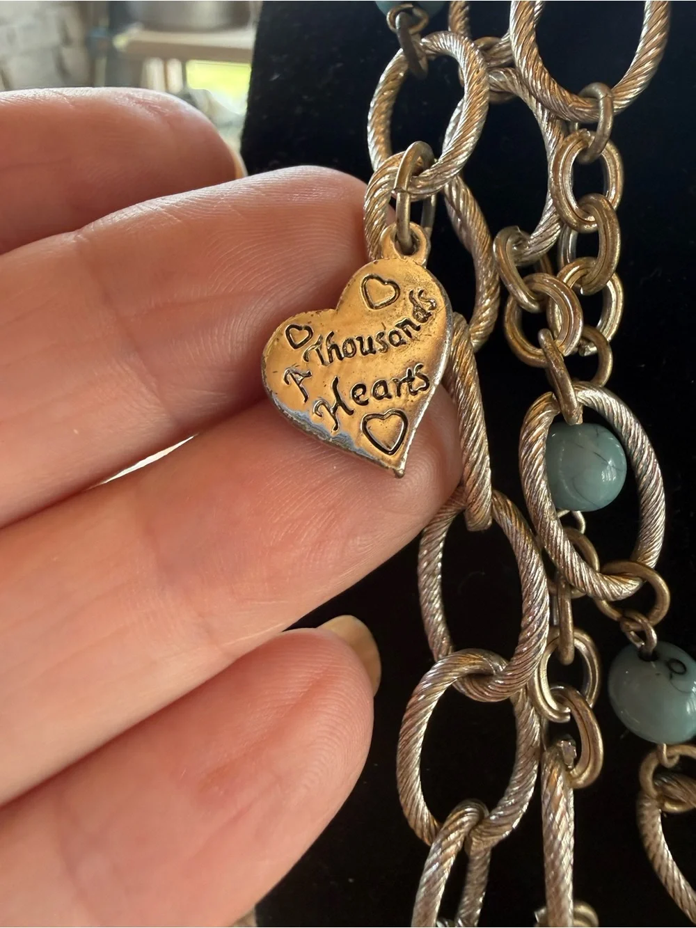 Gold-Tone Multi Strand Heart Charm Necklace with blue Beads